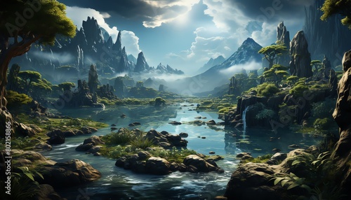 Mysterious stock photo of a hidden valley with floating islands and waterfalls  where the laws of physics are defied and freedom reigns