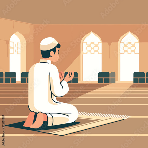 illustration of a Muslim man performing the Salat prayer inside a mosque