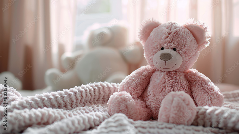 A pink teddy bear on a blanket. A pink teddy bear on a blanket.