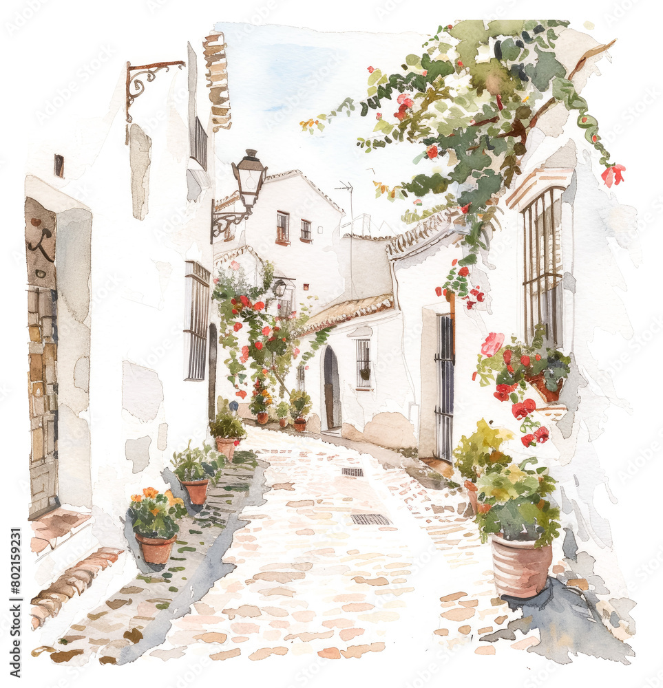 Fototapeta premium Idyllic alley with blooming plants in small town