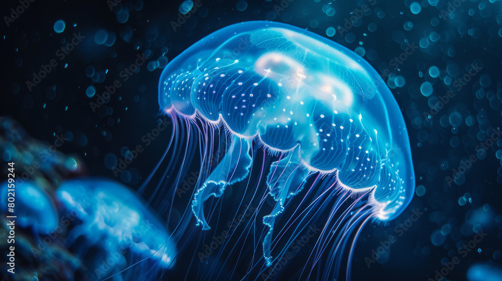 Bioluminescent jellyfish underwater. Bioluminescent jellyfish underwater.