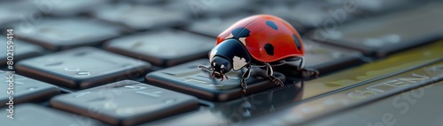 Closeup of a ladybug crawling on a laptop keyboard, symbolizing a computer bug in a playful, visual metaphor