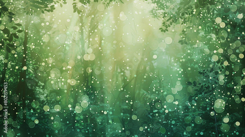 Glittering emerald particles twinkle against a softly blurred canvas  evoking the enchanting allure of a hidden forest glade.