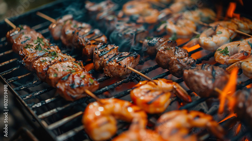 grilled mixed meats and seafood on shashlik skewers on the grill