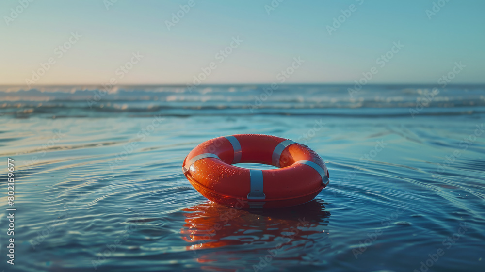 Red lifebuoy floating on blue sea