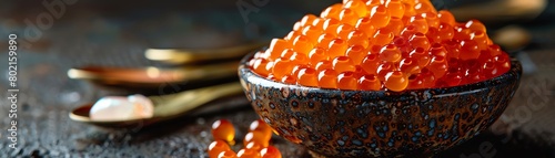 Luxurious bowl of red salmon caviar, displayed with motherofpearl spoons, emphasizing the delicacy s rich texture and color photo