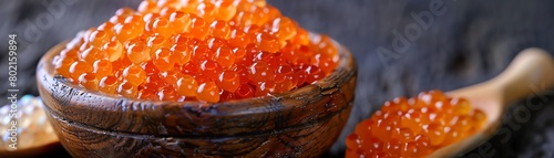 Luxurious bowl of red salmon caviar, displayed with motherofpearl spoons, emphasizing the delicacy s rich texture and color photo