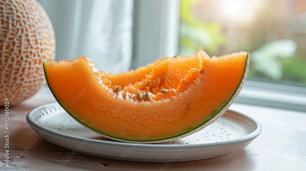 A slice of cantaloupe on a plate