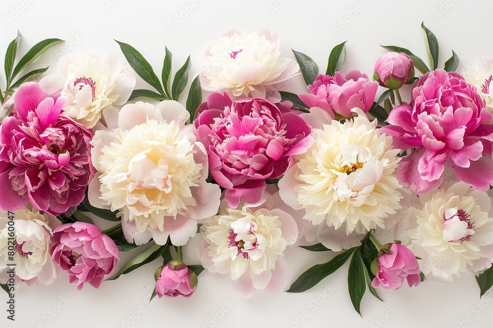 Flowers composition. Flat lay. Top view. Border frame made of pink and beige peonies isolated on white background. Gentle peonies and ranunculus. Beautiful backdrop for design. Floral assorted peony Flowers composition. Flat lay. Top view. Border frame made of pink and beige peonies isolated on white background. Gentle peonies and ranunculus. Beautiful backdrop for design. Floral assorted peony