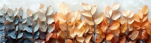 Patterned layout of dried leaves in a gradient from green to brown on a pastel grey canvas, showcasing seasonal change photo