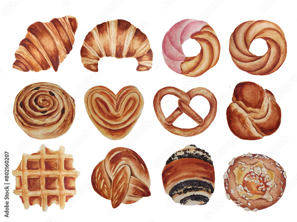 Watercolor baked crusty buns set. Classic bakery snack illustration. Homemade soft pastry collection. Pretzel, soft knot, waffle, croissant, butter ring cookies. Watercolor baked crusty buns set. Classic bakery snack illustration. Homemade soft pastry collection. Pretzel, soft knot, waffle, croissant, butter ring cookies.