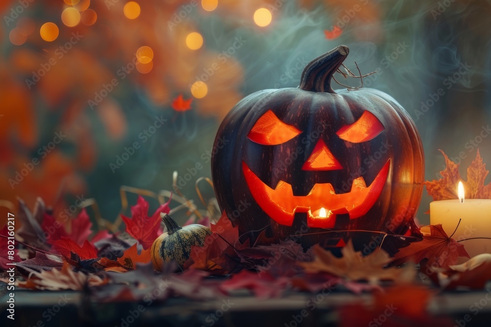 Halloween Jack-o'-lantern Amidst Autumn Leaves and Candlelight Halloween Jack-o'-lantern Amidst Autumn Leaves and Candlelight