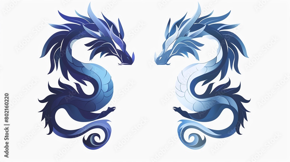 Stylized dragon icon in flat design, depicted in a looping pose with minimalist features and a dual color scheme