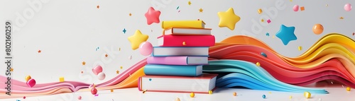 Vibrant 3D graphic of stacked textbooks with interactive icons for search, speech, and stars swirling around, designed for school social media engagement on a white background