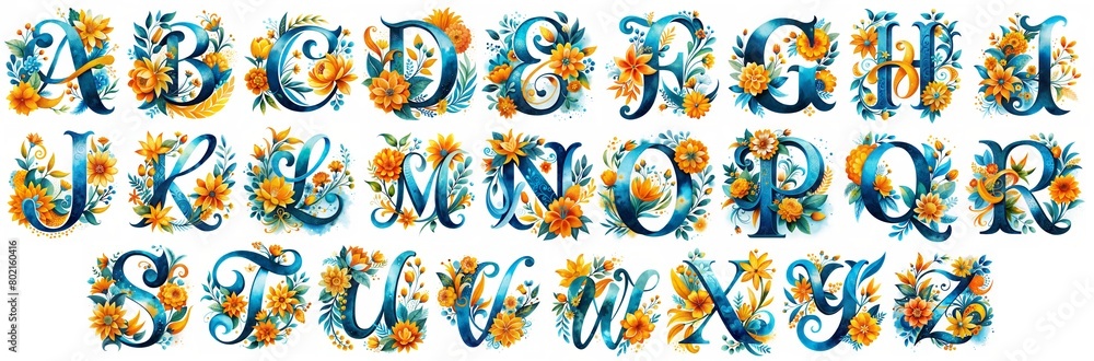 All English alphabet letters with beautiful blue and orange flower calligraphy on a white background, (A-B-C-D-E-F-G-H-I-J-K-L-M-N-O-P-Q-R-S-T-U-V-W-X-Y-Z)