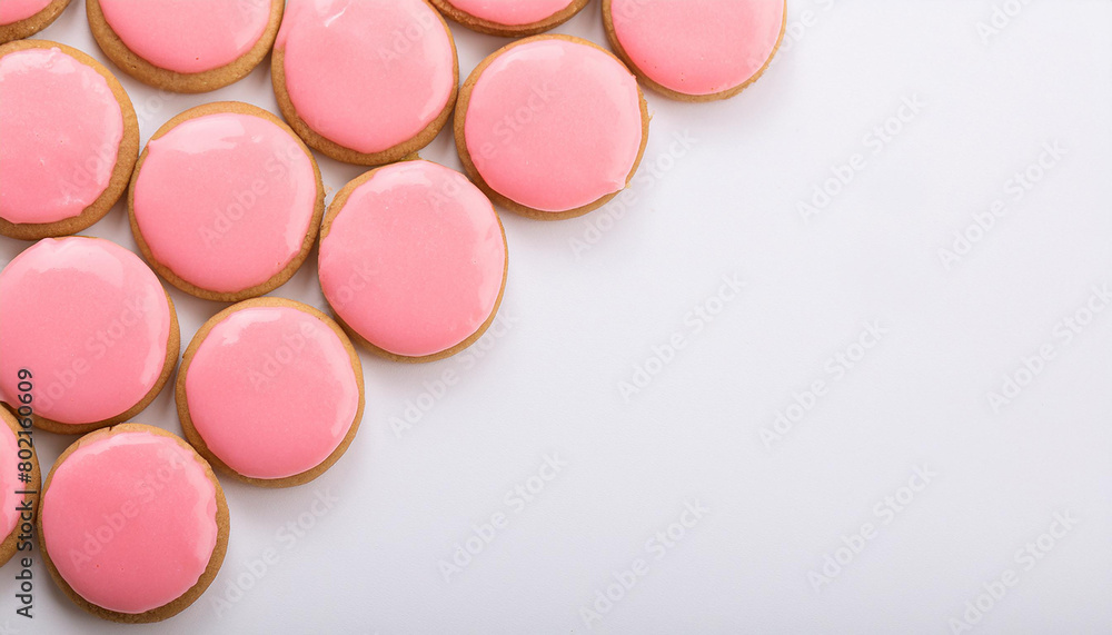 Freshly baked cookies with pink glaze on white table. Tasty food. Delicious snack. Baked goods Freshly baked cookies with pink glaze on white table. Tasty food. Delicious snack. Baked goods