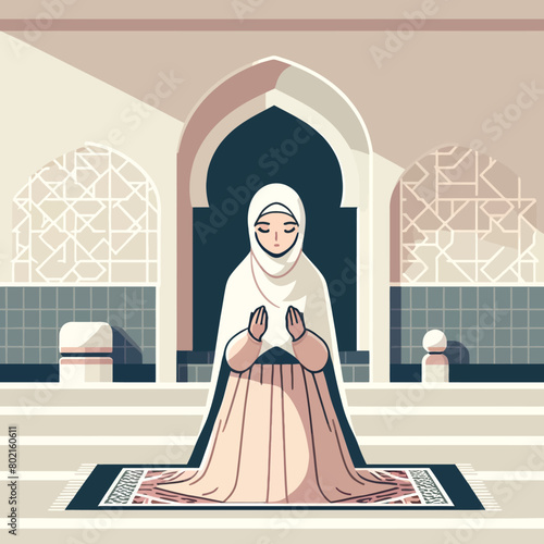 illustration of a Muslim woman performing the Salat prayer inside a mosque