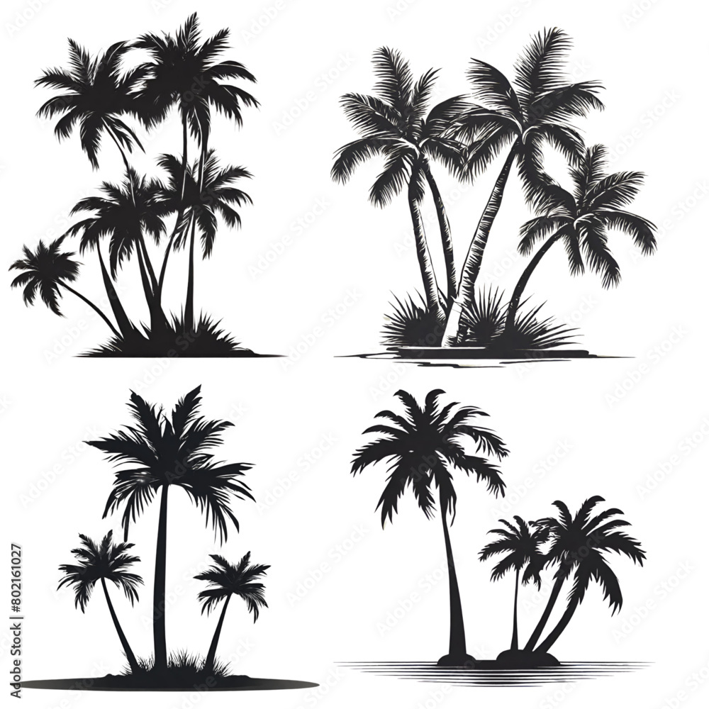 Set of palm trees, coconut tree, palm trees silhouette