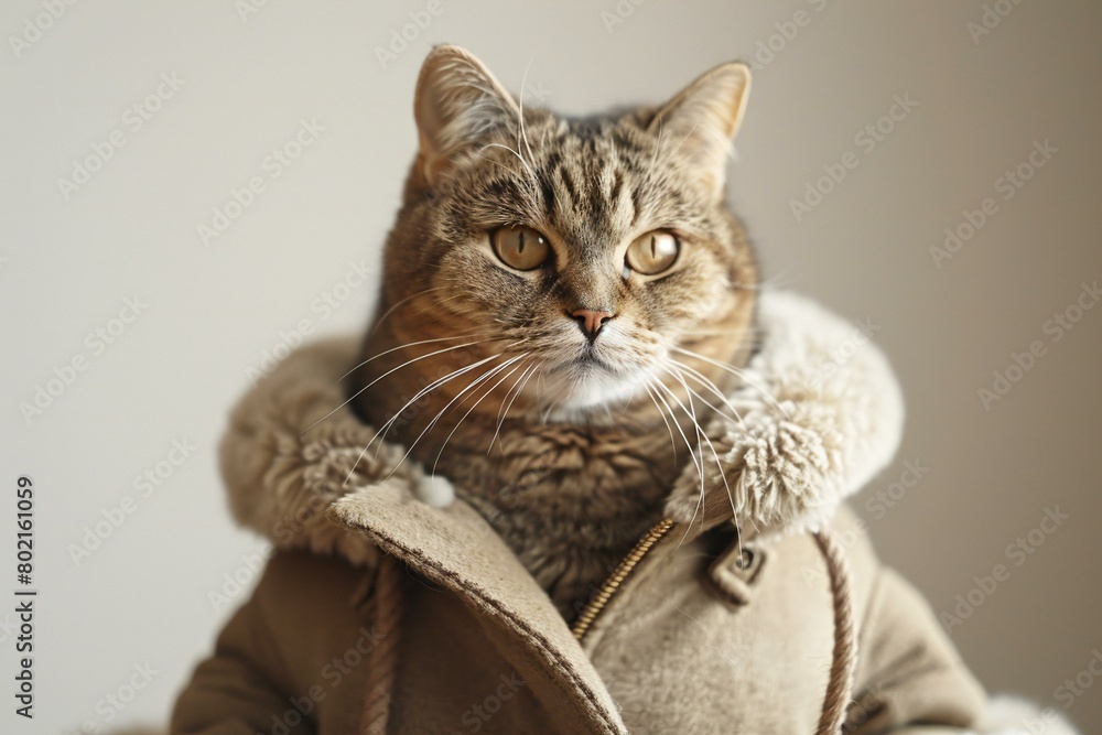 Cute cat in warm coat on light background, closeup,  Winter season