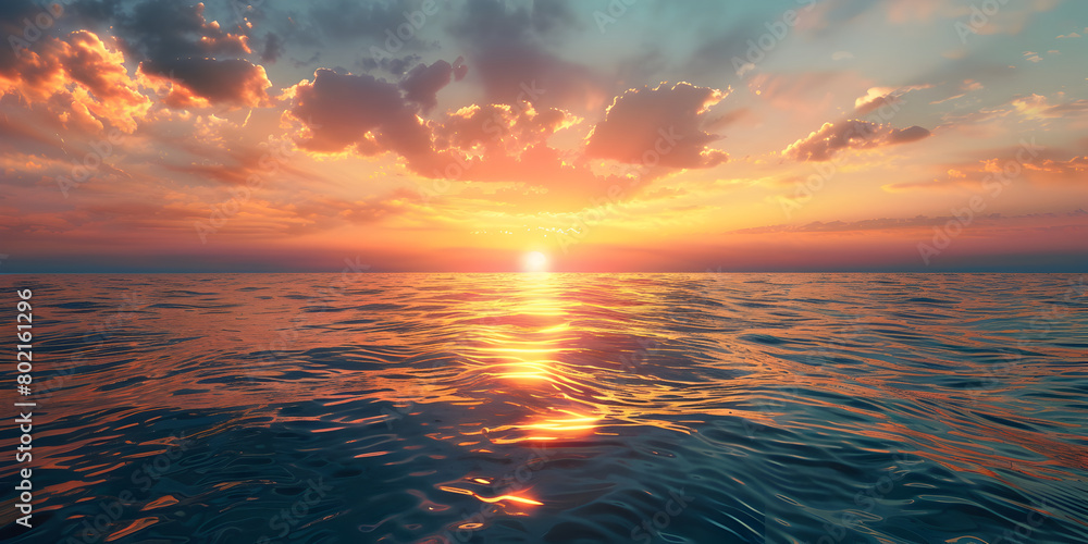A sunset over the ocean with a cloudy sky , Beautiful sunrise with clouds of different colors against the blue sky and sea , sunrise over the ocean