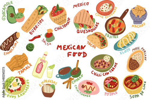 Mexican food hand drawn set. Guacamole, chiltomate, quesadillas, chile ennogada, nachos, enmoladas, burritos, tamale, tacos, fajitas, etc. Vector illustration isolated on white background. 