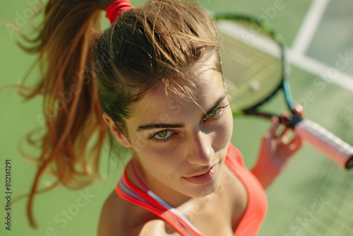 Female tennis player in athletic wear. preparing for a match on a vibrant green court. reflecting sports and competition. photo