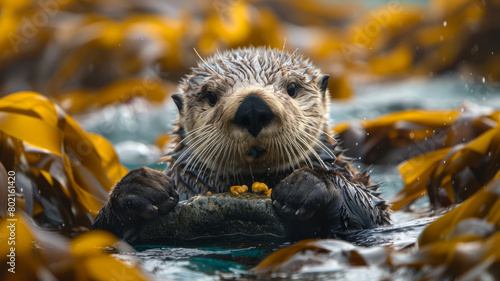 Sea otter floating among kelp