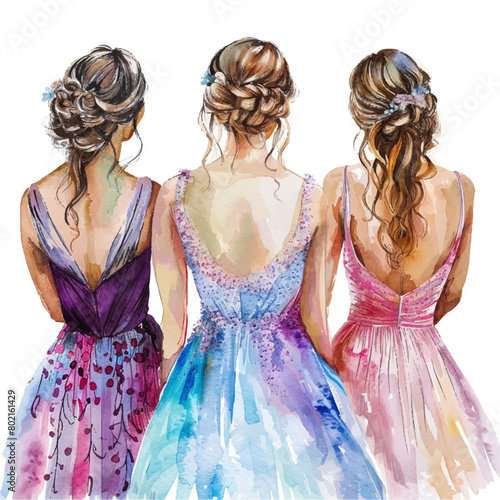 Watercolor illustration of bridesmaids in multi-colored dresses