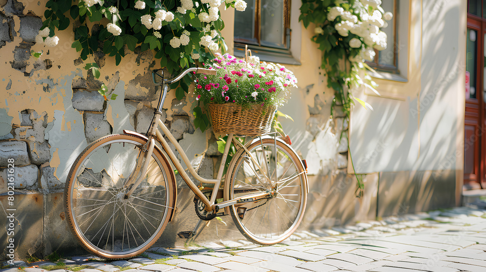 Bicycle with flowers in a straw basket near the wall of a beautiful house in the sun Summer mood