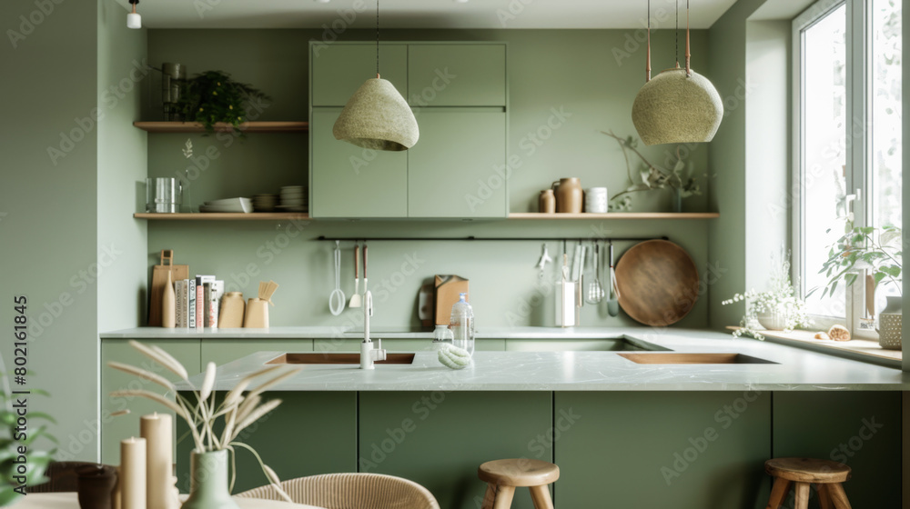 A kitchen with a green color theme and a lot of white and brown items. There are also some potted plants in the kitchen A kitchen with a green color theme and a lot of white and brown items. There are also some potted plants in the kitchen