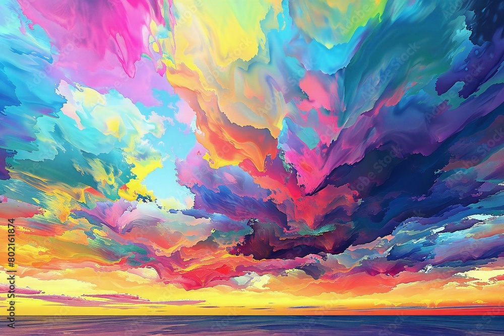 Sunset over the sea,  Colorful clouds,  Vector illustration