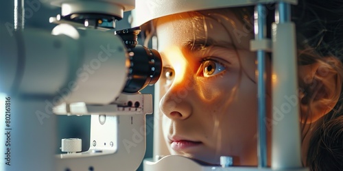 Child having his eyes checked with ophthalmic equipment. Child, eye exam and optometry for medical, vision and healthcare consultation or glaucoma check. Kids testing for eyecare. Optics, examination photo