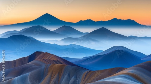 A beautiful landscape of blue mountains in the distance with a hint of red and orange at the bottom.