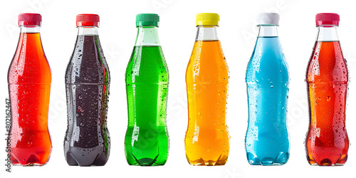 Plastic bottles of assorted carbonated soft drinks Refreshment drinks flat design long shadow glyph icons set Mineral water beer coffee lemonade Sparkling beverages transparent background
