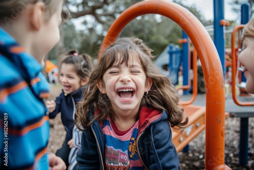 A group of children standing next to each other, laughing and playing on a school playground during recess