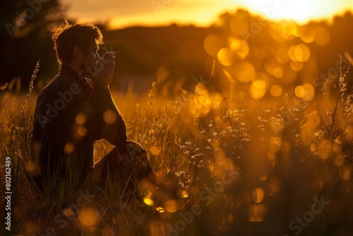 A man sitting in a field of tall grass during sunset with golden light illuminating the scene