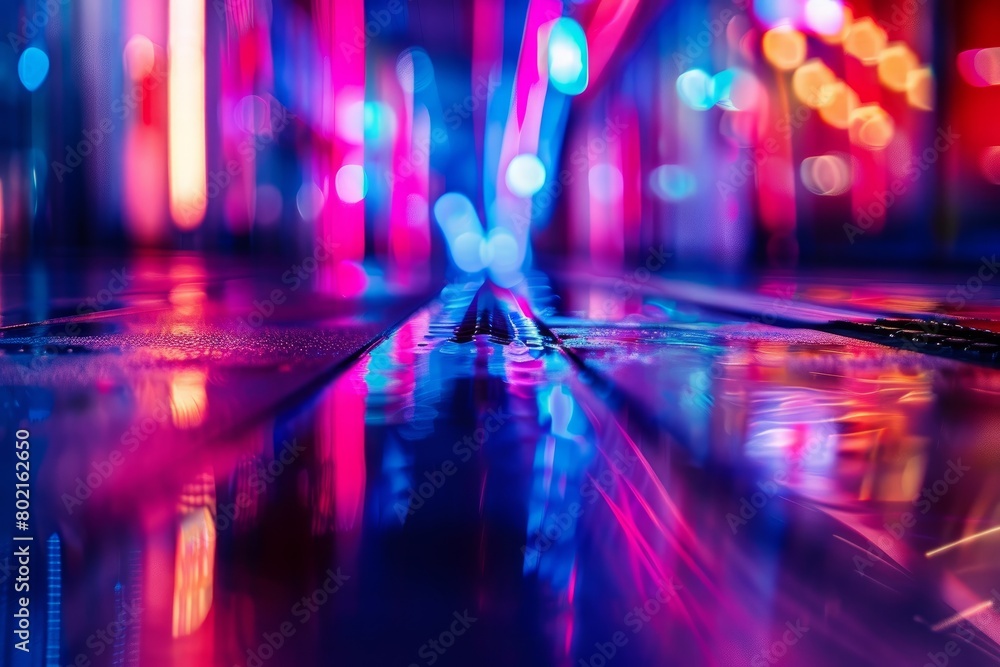 Vibrant neon lights illuminate a bustling city street in the dark of night, creating a dynamic and futuristic ambiance