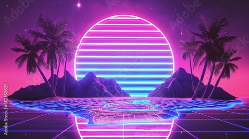 A miami vice theme banner with soft neon pink, teal and black gradient colors, in the style of 80s. retro --chaos 50 --ar 16:9 --style raw --stylize 50 Job ID: 949f8973-489a-4015-b875-d8ebb130d402 photo