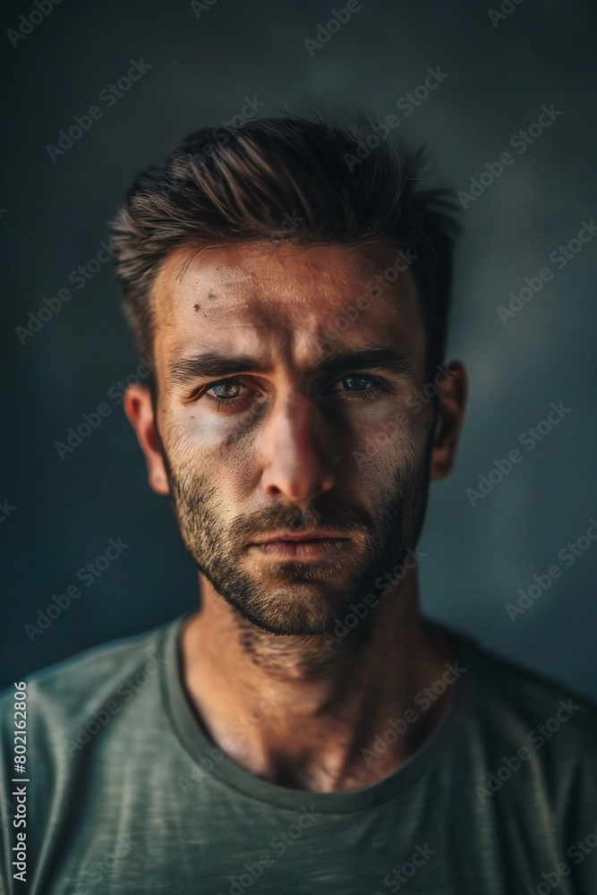 Portrait of a young man on a dark background,  Men's beauty, fashion