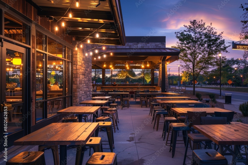 A restaurant setting with tables and chairs arranged outside during dusk, illuminated by warm ambient lighting