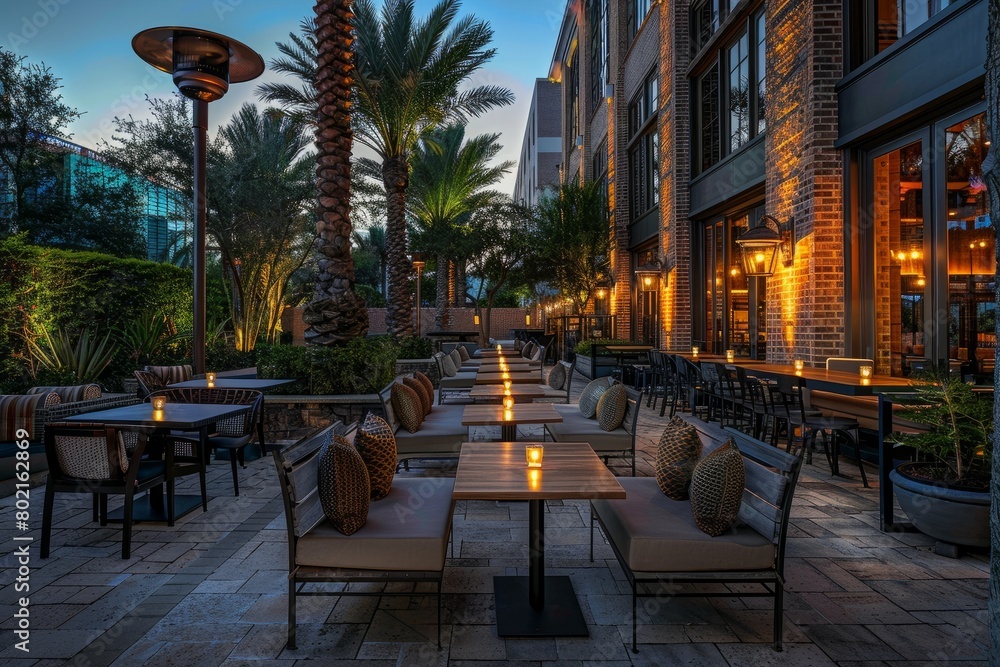 An outdoor dining area with tables and chairs set up for guests during dusk with warm ambient lighting, creating a cozy and inviting atmosphere
