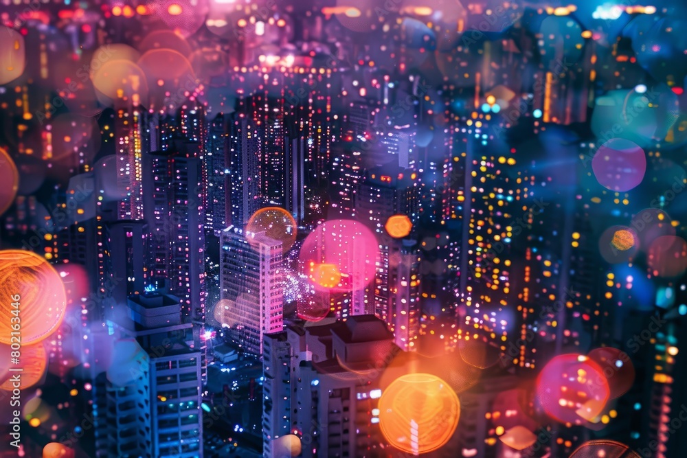 A city filled with tall buildings illuminated by multicolor bokeh lights, creating a vibrant and dynamic urban scene at night