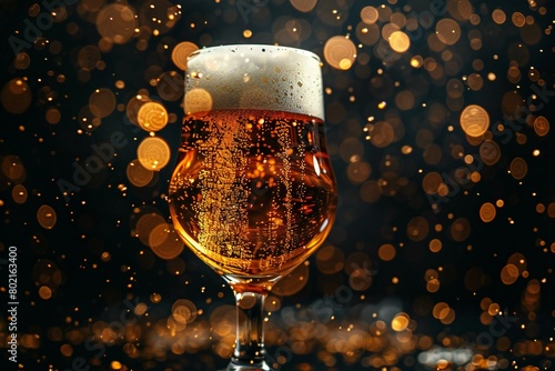 Glass of beer on a dark background with bokeh and lights
