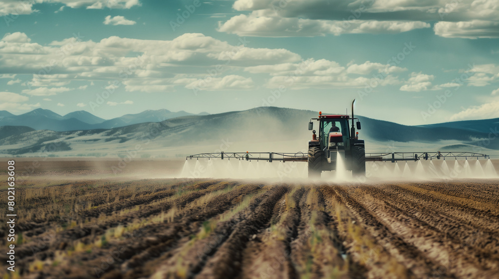 Fototapeta premium Precision Farming: Farmer Driving Automated Irrigation Equipment on Crop Farm. Generative AI.