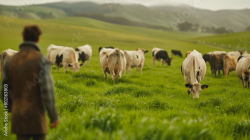 Agricultural Worker Observing Dairy Cows in Lush Pasture. Generative AI.