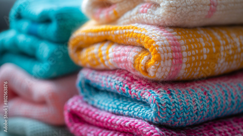 A stack of colorful baby blankets neatly folded, ready to keep a newborn warm and snug. 