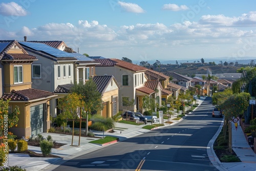Panoramic view of a neighborhood with multiple houses displaying solar panels on their roofs, showcasing widespread adoption photo