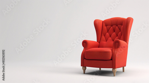 A flat white background, with a red padded armchair, © Jirut