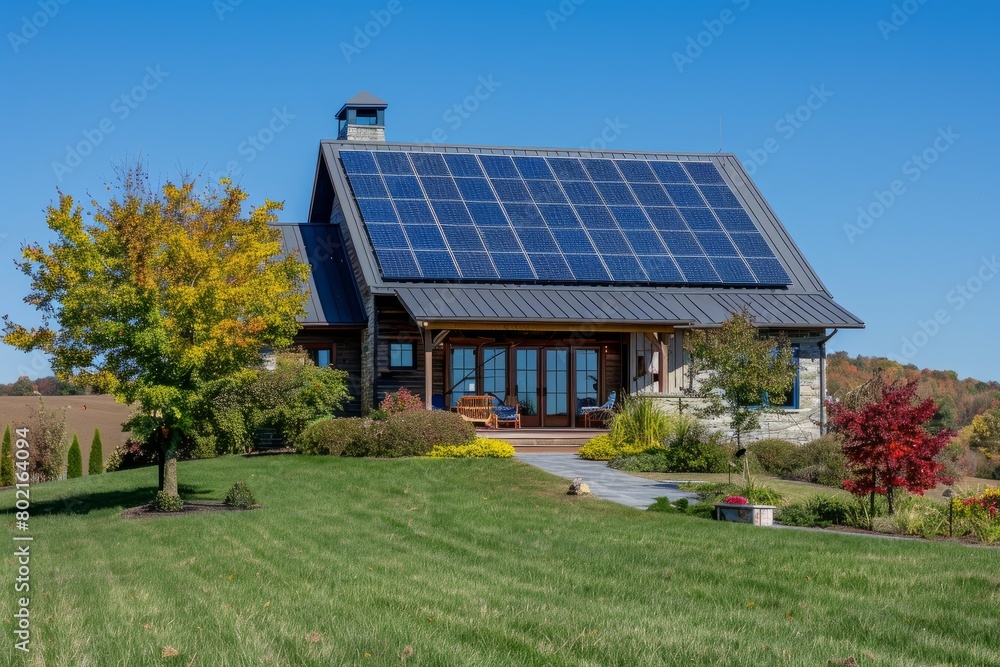 Wide-angle view of a house with solar panels on the roof under a clear blue sky