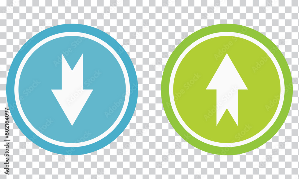 green up and red down arrows, round solid vector signs. EPS 10.